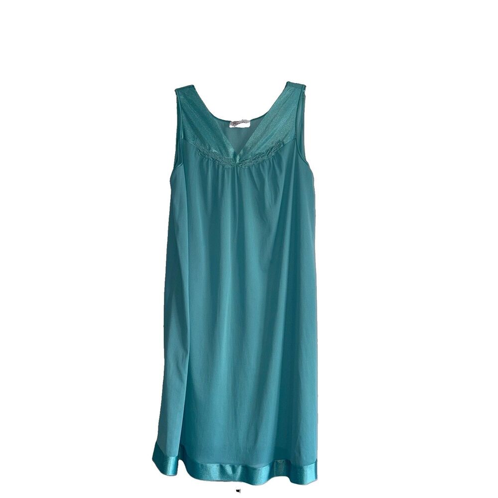 Vanity Fair Aqua Blue Vtg Nightgown Size Medium Tricot Nylon Satin Hem
